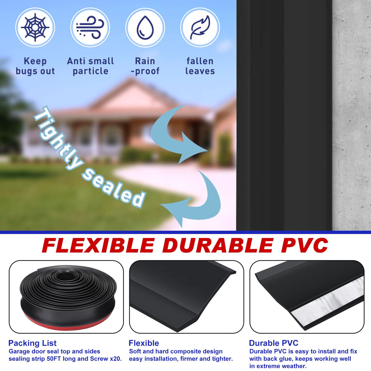 Weatherproofing Garage Door Seals Top and Sides Seal Strip PVC Garage Door Weather Stripping with Screws(Black, 50 ft) Nuogo