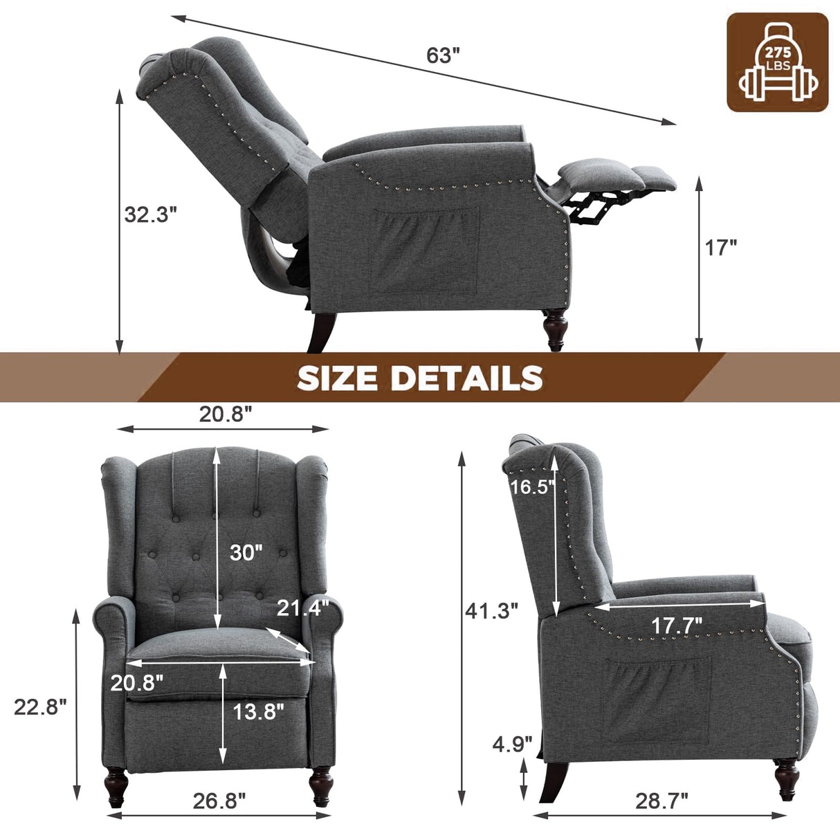 Oprisen Push Back Recliner Mid-Century Modern Accent Chair Single Reading Chair Tufted Button Arm Chair for Living Room w/Heat Massage/Side Pockets (1 PC, Gray) Oprisen