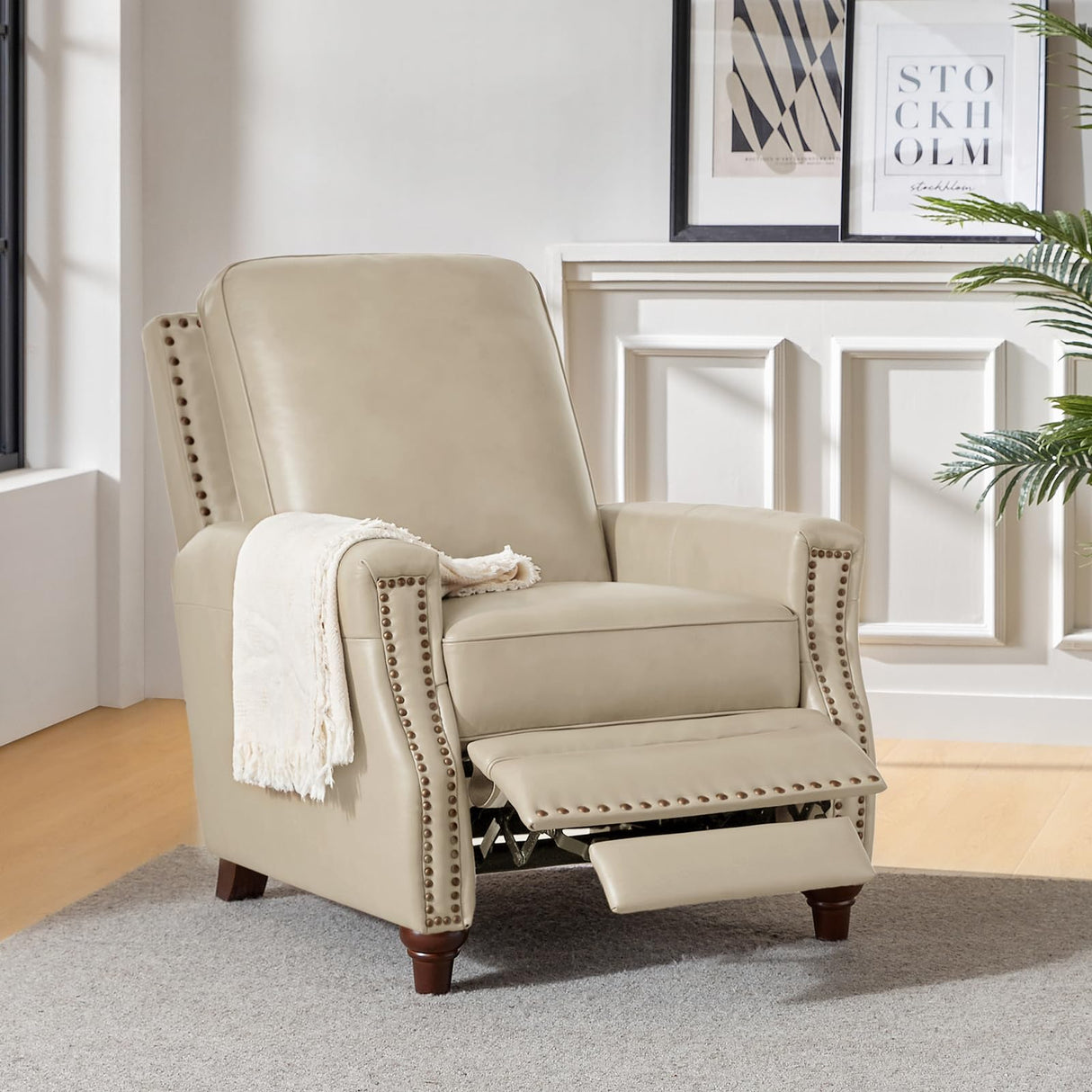 HULALA HOME Genuine Leather Recliner Chair Set of 2, Push Back Recliner Armchair with Thick Seat and Backrest, Comfy Adjustable Home Theater Single Recliner w/Nailhead Decor for Living Room(Beige) HULALA HOME