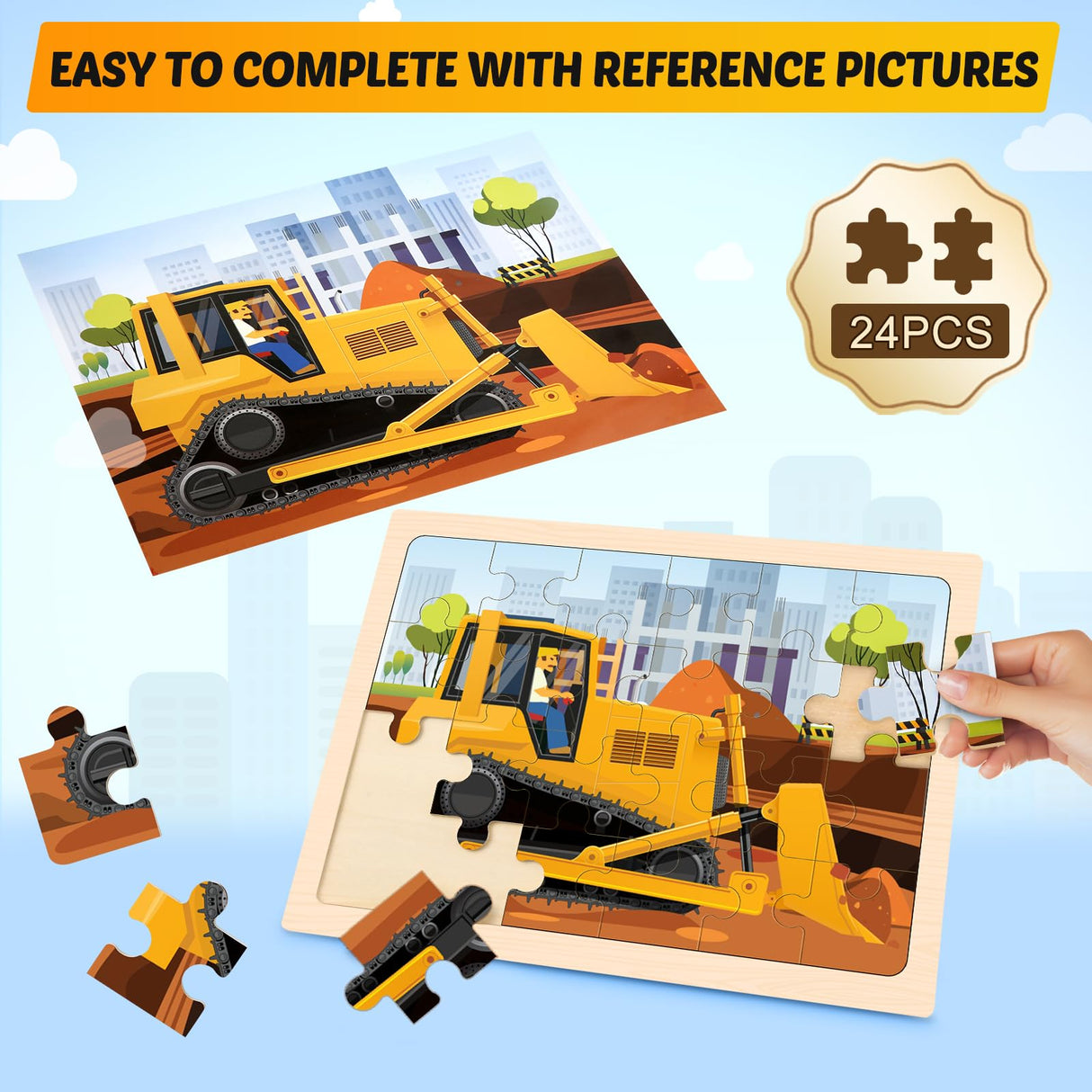 Wooden Puzzles for Kids Ages 4-6, 4 Packs 24 PCS Construction Vehicle Jigsaw Puzzles for Kids Ages 3-5, Preschool Educational Puzzles Boards Toys Gifts for Boys Girls Duchong