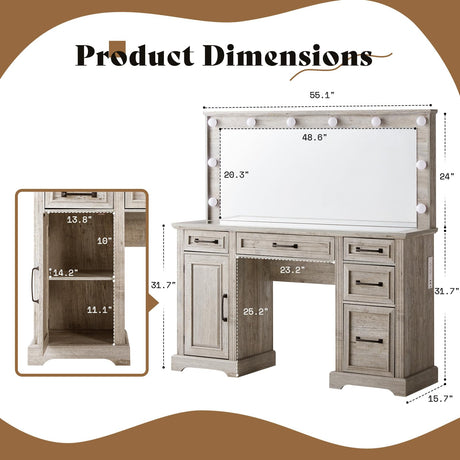 AMERLIFE 55.1" W Makeup Vanity with Hollywood Mirror, Glass Top Vanity with 5 Drawers & Adjustable Cabinet & Charging Station, 10 Detachable Light Bulbs, Bedroom/Salons, Light Oak AMERLIFE