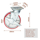 Nisorpa 8 inch Heavy Duty Caster Set of 4 Red Polyurethane Steel Caster Wheels Flat Free for Industrial Trailer Furniture - 2 with Brakes and 2 without Brakes Nisorpa