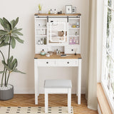 ARTETHYS Vanity Desk with Slide Mirror and Lights Farmhouse Makeup Vanity Set with Chair Small Dressing Table with Drawer for Bedroom, White and Brown ARTETHYS