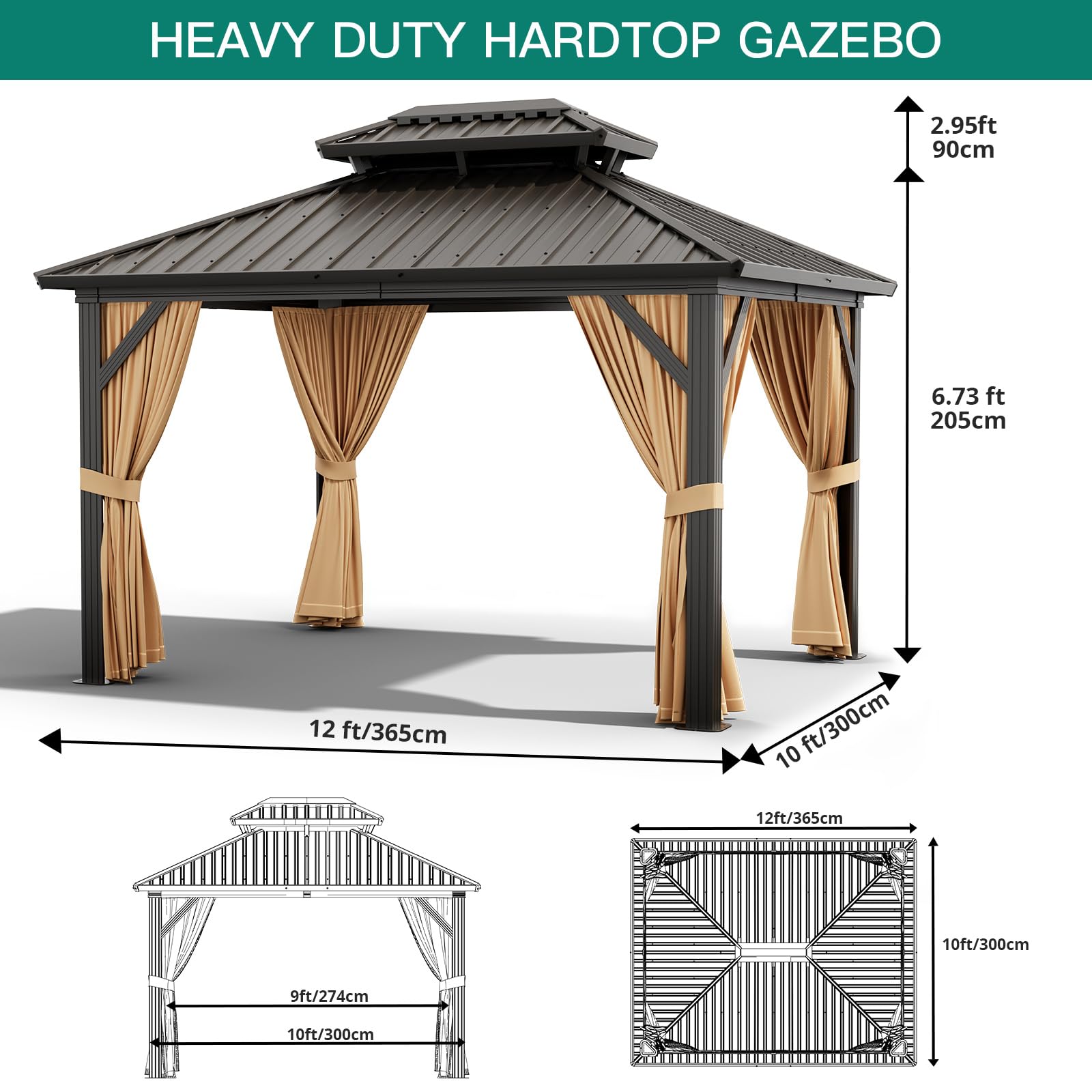 GAOMON 10x12ft Gazebo, Hardtop Double Roof Canopy with Netting and Curtains, Outdoor Gazebo Galvanized Iron Aluminum Frame Garden Tent for Patio, Backyard, Deck, Lawns (Brown) - WoodArtSupply