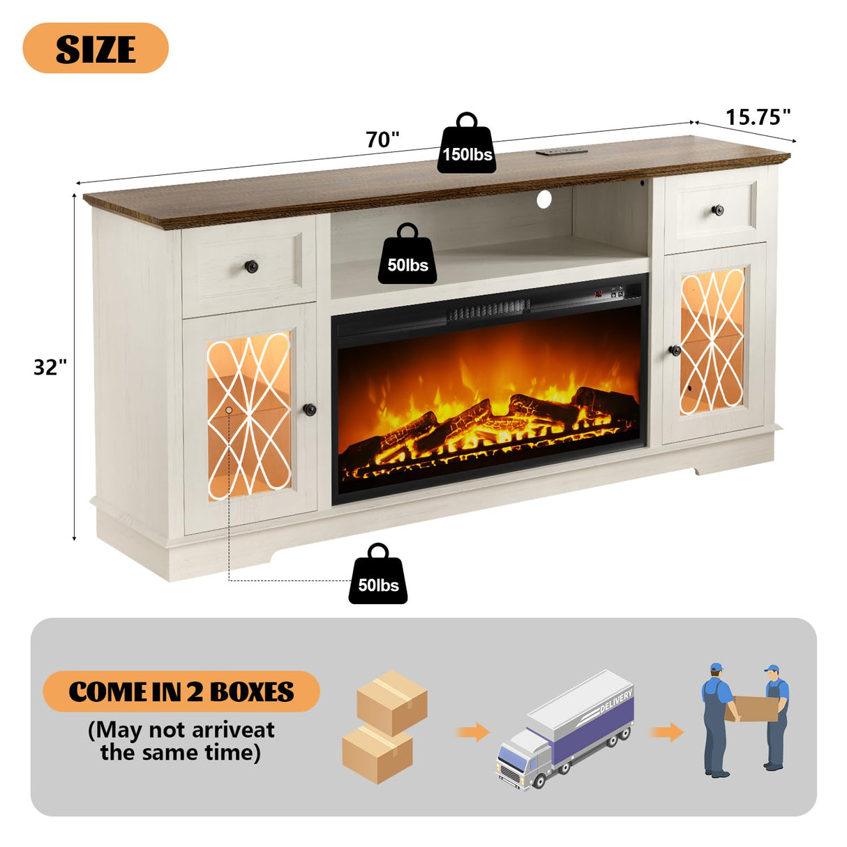 Fireplace TV Stand with Charger Station, Farmhouse Entertainment Center with 36" Electric Fireplace and Led Lights, for 80 Inch TV, Fire Place TV Stands for Living Room with Glass Door Closed Storage Sunny Heart