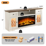 Fireplace TV Stand with Charger Station, Farmhouse Entertainment Center with 36" Electric Fireplace and Led Lights, for 80 Inch TV, Fire Place TV Stands for Living Room with Glass Door Closed Storage Sunny Heart