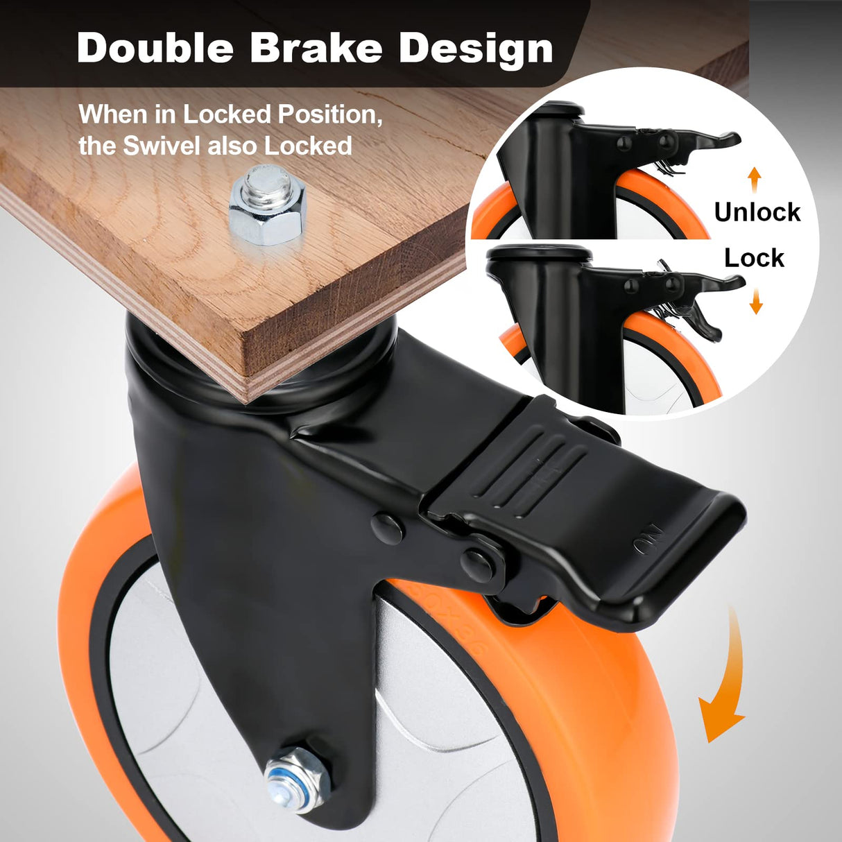 6 Inch Caster Wheels 2800Lbs, Heavy Duty Threaded Stem Casters Set of 4, 1/2"-13 x 1 (Screw Diameter 1/2", Stem Length 1"), Safety Dual Locking Industrial Castors, Wheels for Cart, Furniture Moogiitools