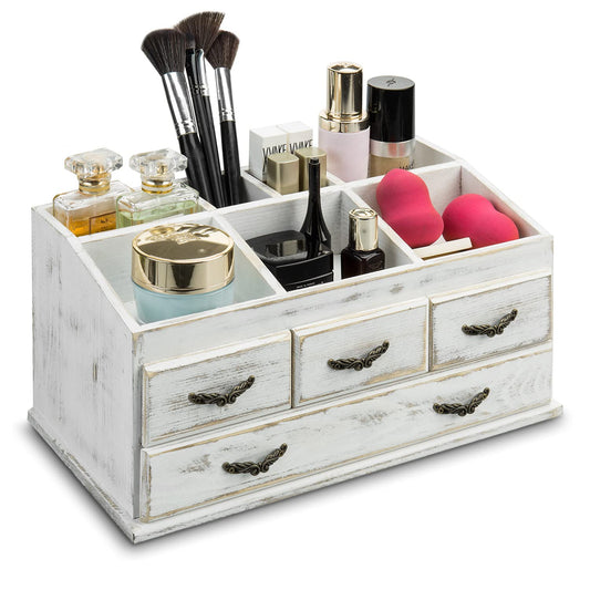 MyGift 7-Compartment Shabby Whitewashed Solid Wood Jewelry/Cosmetics Vanity Organizer Rack with 4 Vintage Storage Drawers - WoodArtSupply