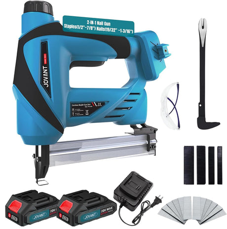 Nail Gun Battery Powered, Cordless Nail Gun with 2 * 2.0Ah Li-ion Battery, 20V 2 in 1 Electric Nail Gun with Staple Remover, Battery Nail Gun for Upholstery, Small Projects and Woodworking jovant