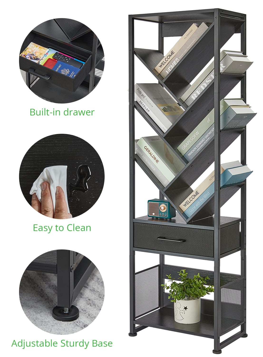 ZEXVIDA Bookshelf with Drawer,10 Tier Tree Bookcase Retro Floor Standing Bookshelves,Tall Wood Bookcases with Cabinet Storage Organizer for Living Room, Bedroom & Home Office, Black ZEXVIDA