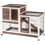 PawHut Wooden Rabbit Hutch Elevated Bunny Cage Indoor Small Animal Habitat with Enclosed Run with Wheels, Ramp, Removable Tray Ideal for Guinea Pigs, Brown PawHut