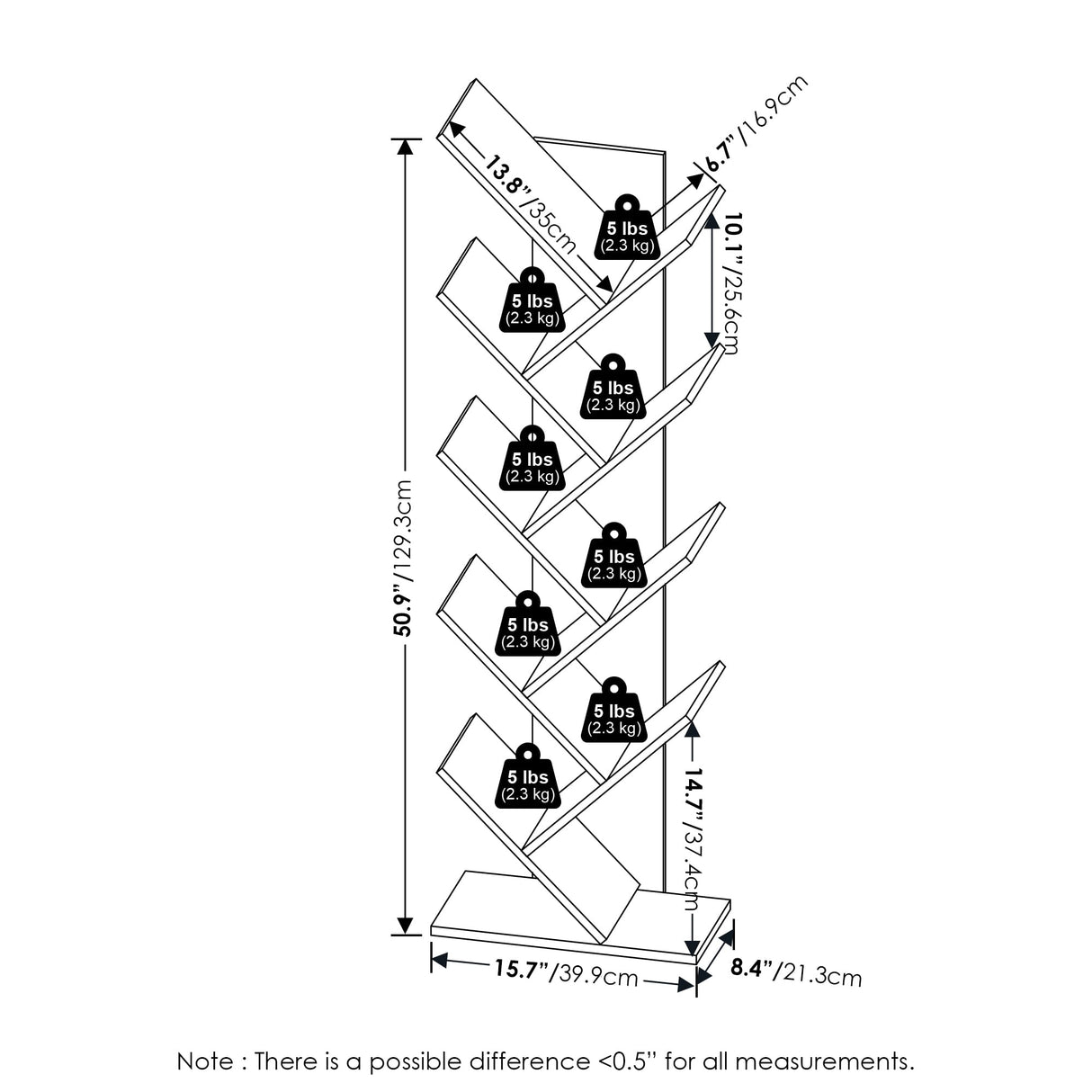 Furinno Tree Book Shelf, 9-Tier Tree Bookshelf with Open Shelf, Bookcase Storage Shelves, for Books, CD DVD, for Living Room, Home Office, Oak Grey Furinno