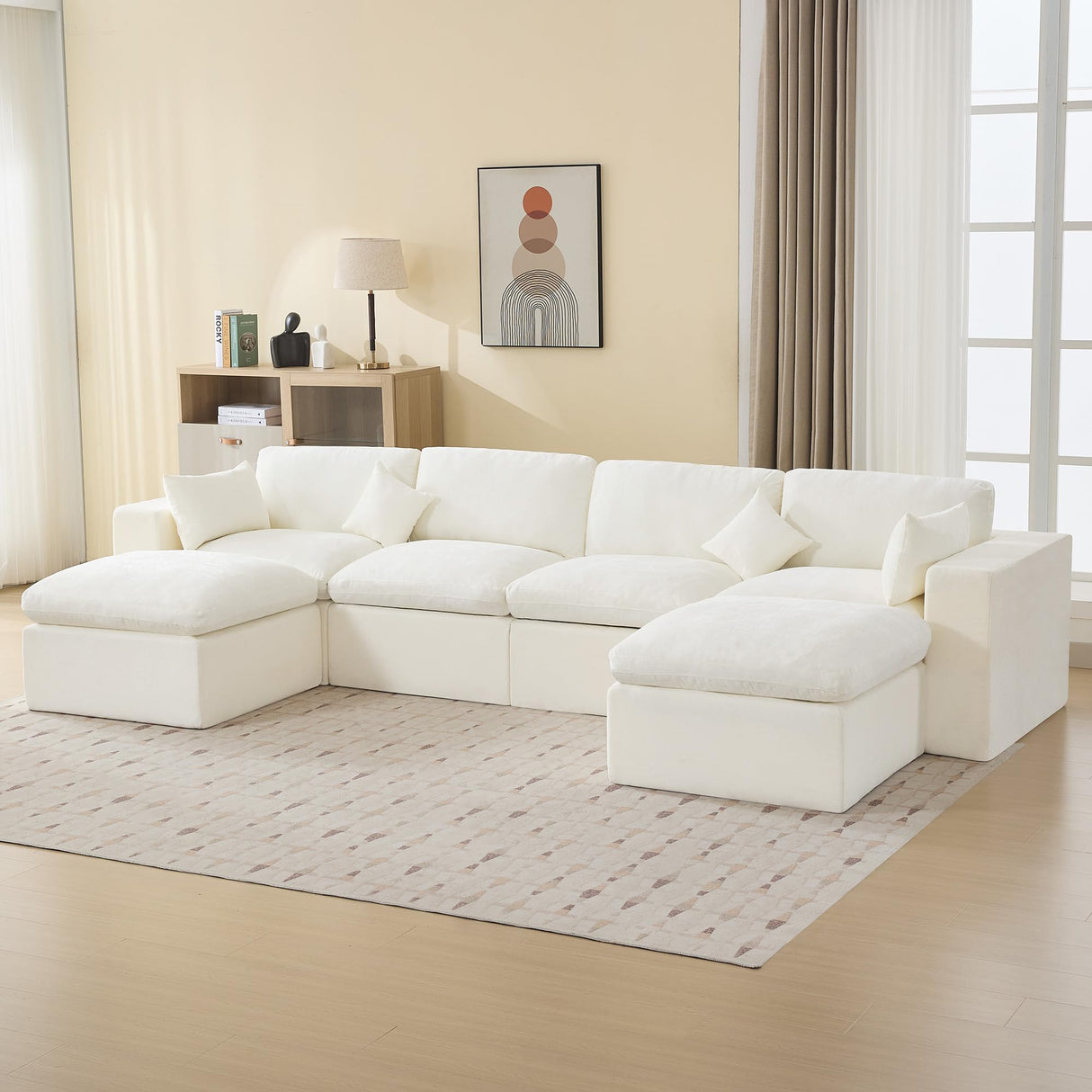 155''Cloud Boneless Sectional Couch, Modular Sectional Sofa Deep Seat with 2 Ottomans, Oversized Upholstered Convertible Comfy 6 Seater Chenille Sofa U Shape Couches for Living Room, Beige WUTUTUEE