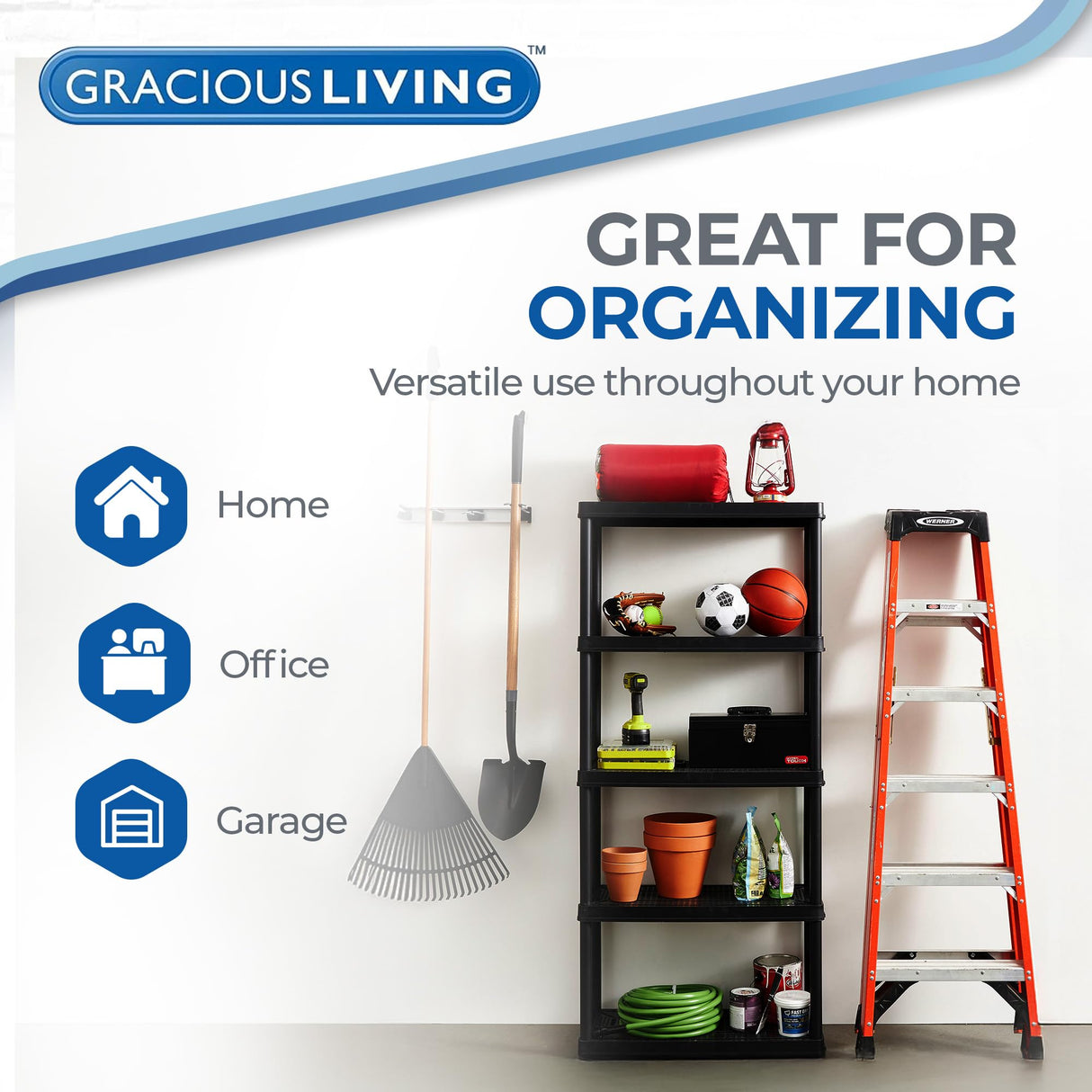 Gracious Living 5 Shelf Fixed Height Ventilated Medium Duty Storage Unit 14 x 32 x 72" Organizer System for Home, Garage, Basement, & Laundry, Black Gracious Living