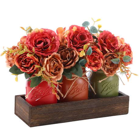 Capoda 3 Pcs Fall Mason Jar Centerpiece Table Decorations Farmhouse Coffee Table Decor with Wood Tray Autumn Centerpieces for Dining Room Living Kitchen Bathroom Thanksgiving Decorations Capoda