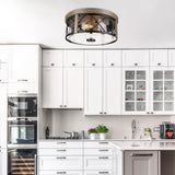 Rosient Rustic Close to Ceiling Light Fixtures, Farmhouse Wood Grain Flush Mount Ceiling Lighting, Metal Cage Lighting with Seeded Glass for Home Kitchen Dining Room Bedroom Hallway Entryway Foyer Rosient