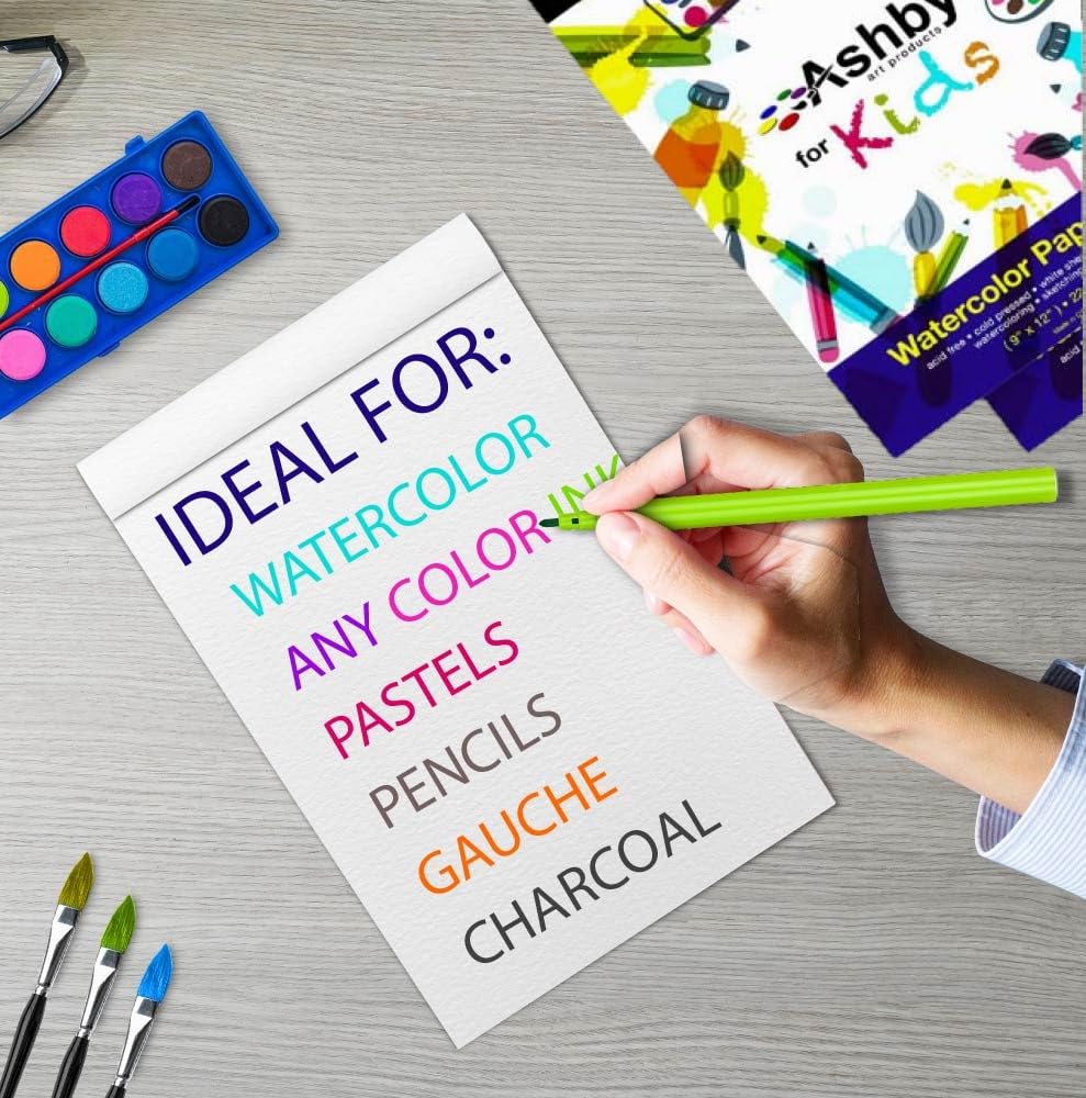 Ashby for Kids - 1 Pad (50 Sheets) of Premium Quality (220 GSM) Watercolor, Drawing, Finger Paint and Sketch Paper - Glue Bound Binding for Easy Removal - Natural White Ashby