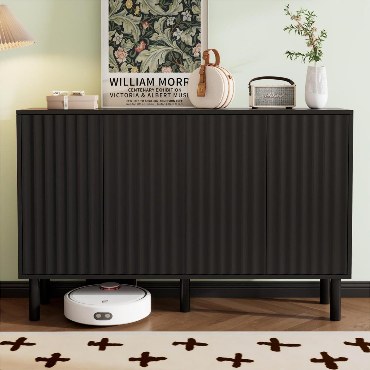 Merax 55” Shoe Cabinet Storage for Entryway with 4-Door, Freestanding Sideboard Buffet Hidden Table Organizer for Dinning Kitchen Living Room, Solid Wood Legs, Adjustable Shelves Merax