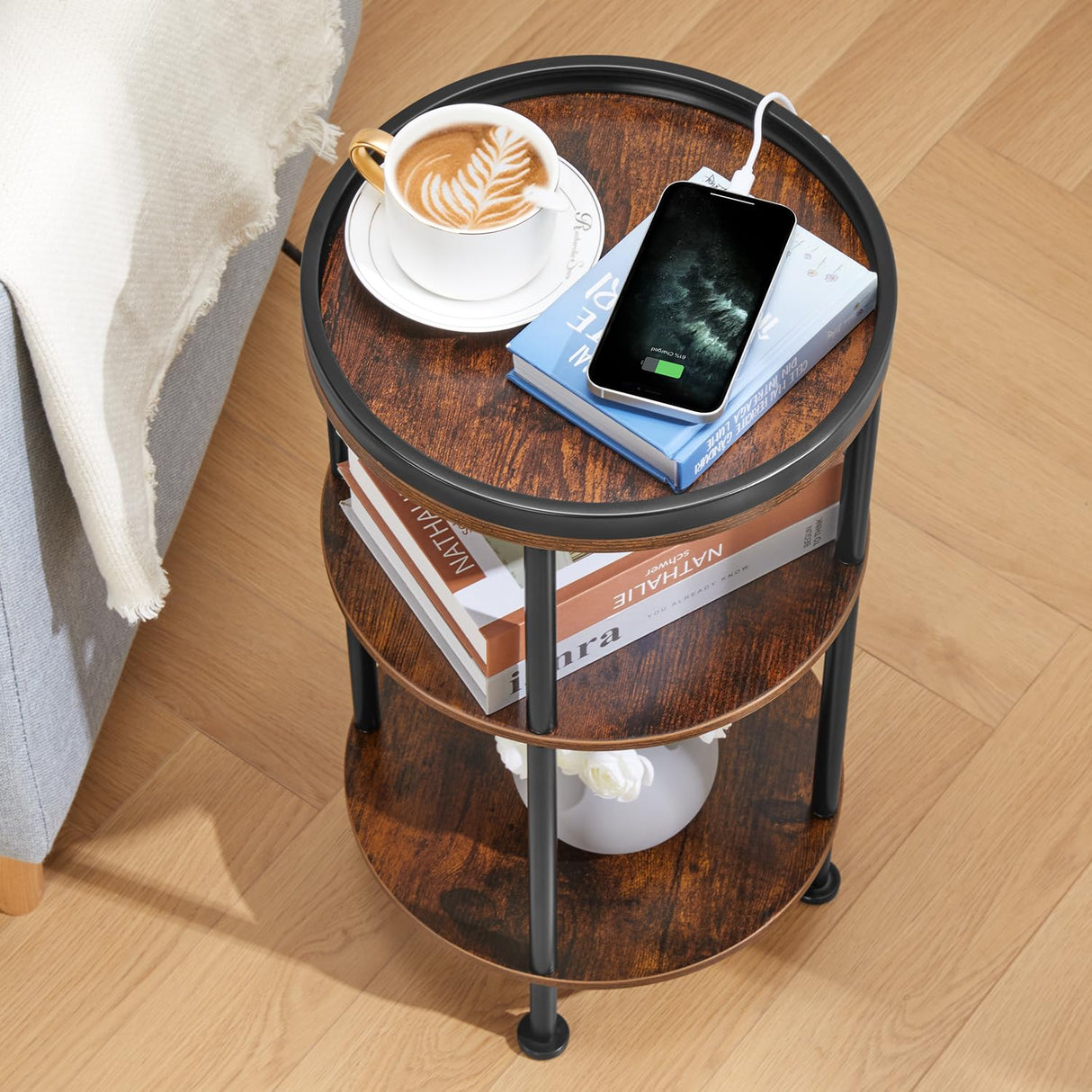 Small Round Side Table with Charging Station for Small Spaces, 3-Tier Round Accent Table with USB Ports & Power Outlets, Round Corner Table Tea Sofa Side Table for Living Room Bedroom (Rustic Brown) ZEXVIDA