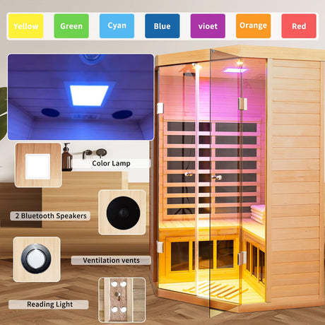 Infrared Sauna 2-3 Person Infrared Saunas for Home, Indoor Corner Sauna Spa Low Emf Infrared Sauna with 7 Color Therapy Dry Sauna for Home,2 Bluetooth Speakers, 2 LED Reading Lamp KOOZONEGM