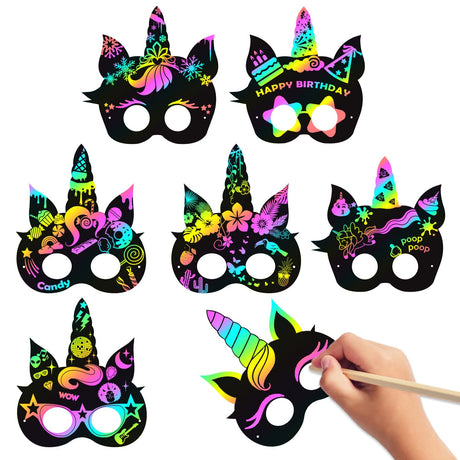 MALLMALL6 24Pcs Magic Horse Mask Scratch DIY Masks Party Favors Color Reveal Scratchboard Magic Horse Theme Birthday Party Supplies Decorations Dress Up Costumes Crafts Kit for Boys Girls MALLMALL6