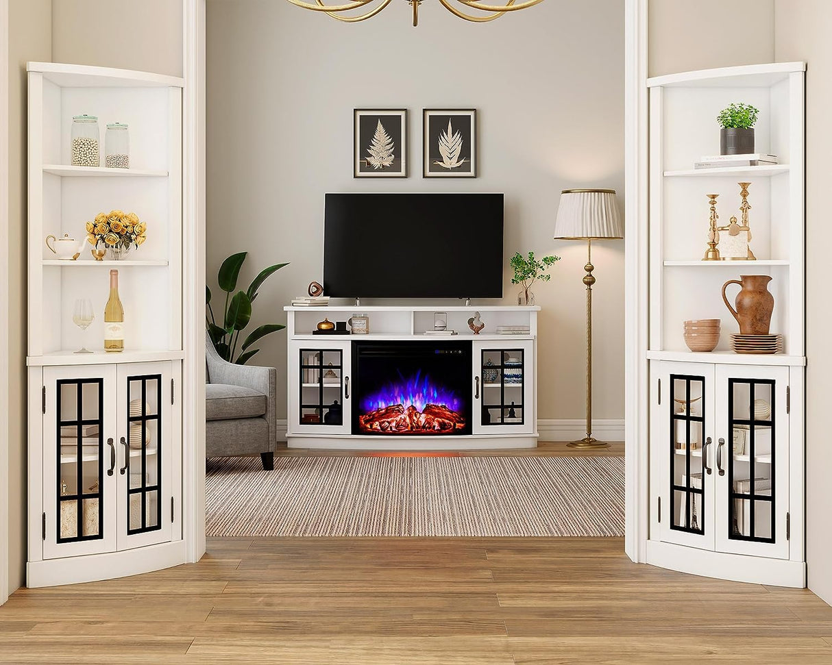 AMERLIFE Curved Fireplace TV Stand with 26'' Electric Fireplace, Media Entertainment Center Farmhouse Glass Door Storage Cabinet, Open Shelve Console Table for TVs up to 65'', Distressed White AMERLIFE