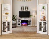 AMERLIFE Curved Fireplace TV Stand with 26'' Electric Fireplace, Media Entertainment Center Farmhouse Glass Door Storage Cabinet, Open Shelve Console Table for TVs up to 65'', Distressed White AMERLIFE