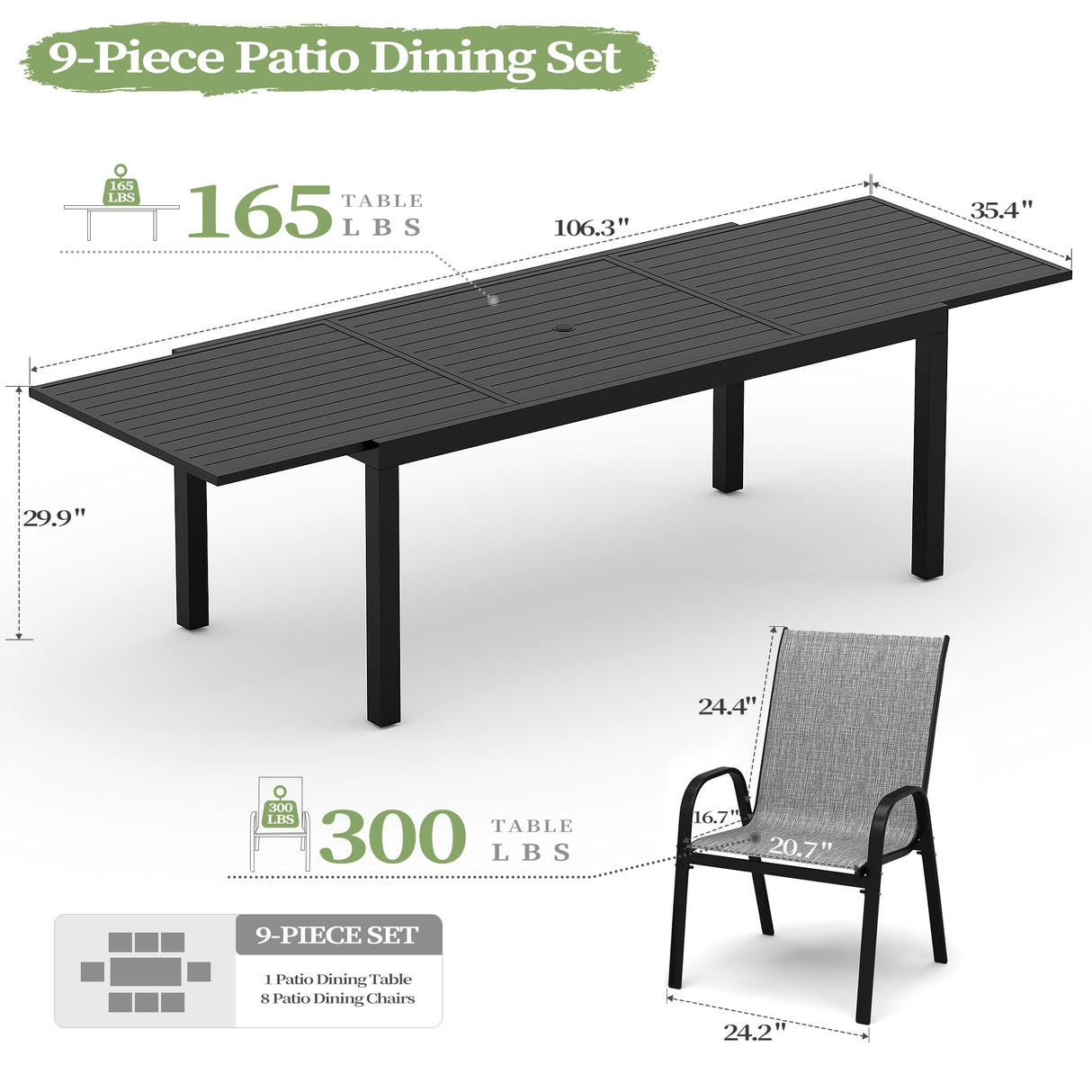 PIZZELLO 9 Pieces Outdoor Dining Set, 106" Aluminum Extendable Patio Dining Table w/ 8Pcs Stackable Textilene Chairs, All Weather Outdoor Table and Chairs Sets for Backyard, Garden, Deck and Poolside PIZZELLO