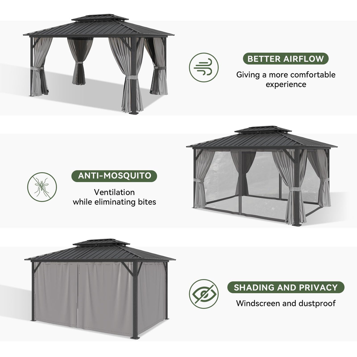 Aoxun 10'x12' Hardtop Gazebo, Aluminum Frame Canopy with Double Galvanized Steel Roof, Outdoor Metal Pavilion with Netting, Curtains for Backyard, Patio and Deck Aoxun