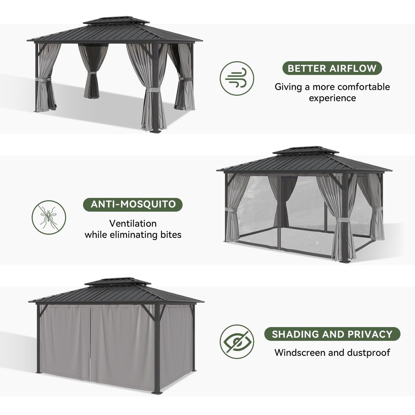 Aoxun 10'x12' Hardtop Gazebo, Aluminum Frame Canopy with Double Galvanized Steel Roof, Outdoor Metal Pavilion with Netting, Curtains for Backyard, Patio and Deck