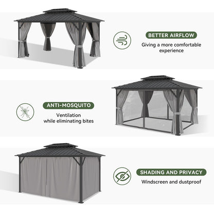 Aoxun 10'x12' Hardtop Gazebo, Aluminum Frame Canopy with Double Galvanized Steel Roof, Outdoor Metal Pavilion with Netting, Curtains for Backyard, Patio and Deck