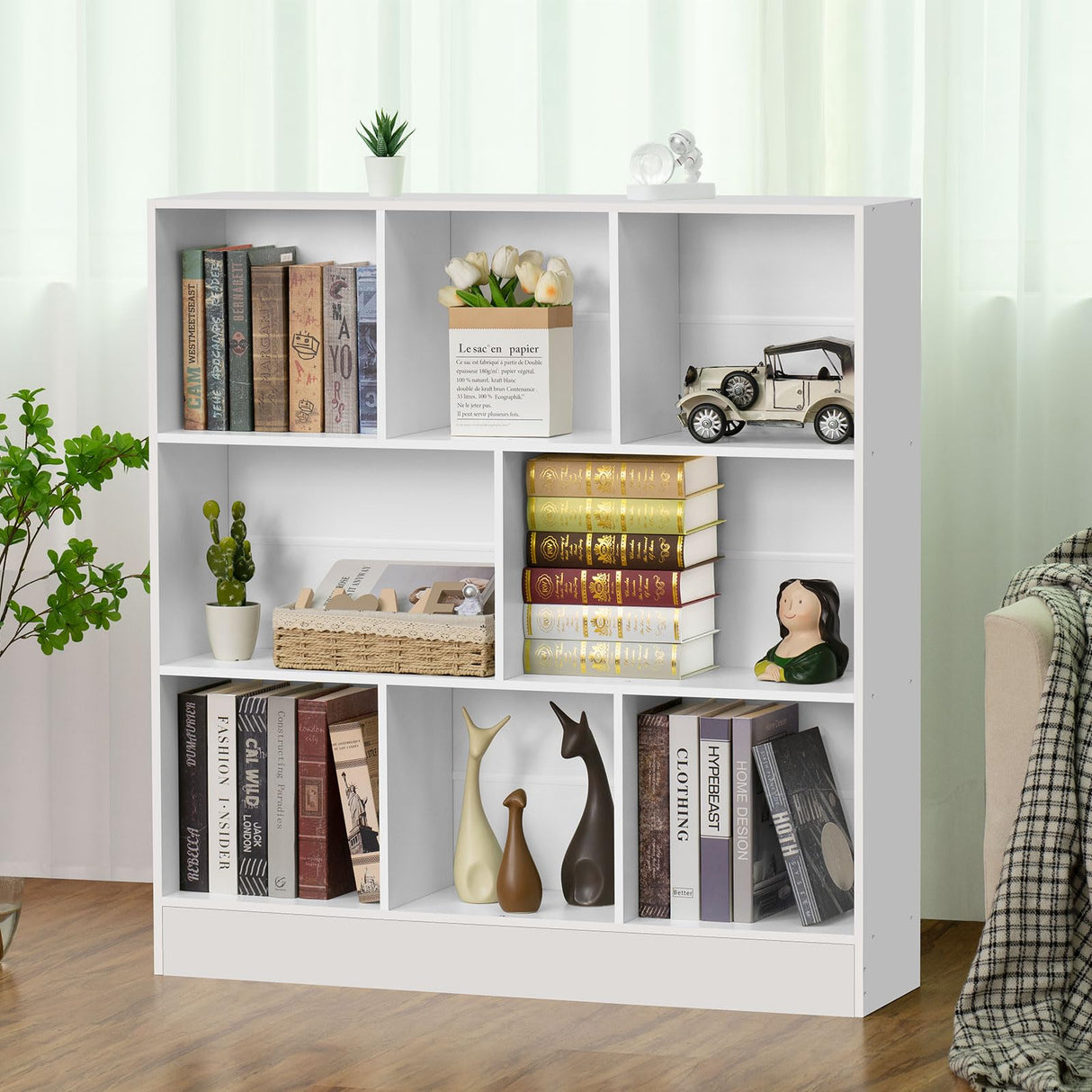 YAHARBO White 3 Tier Bookshelf,Wide Modern Horizontal Bookcase,Wood Low Book Shelf,Wide Display Storage Cabinet with Base,Floor Standing 8 Cube Large Bookcases Organizer for Bedroom,Living Room,Office YAHARBO