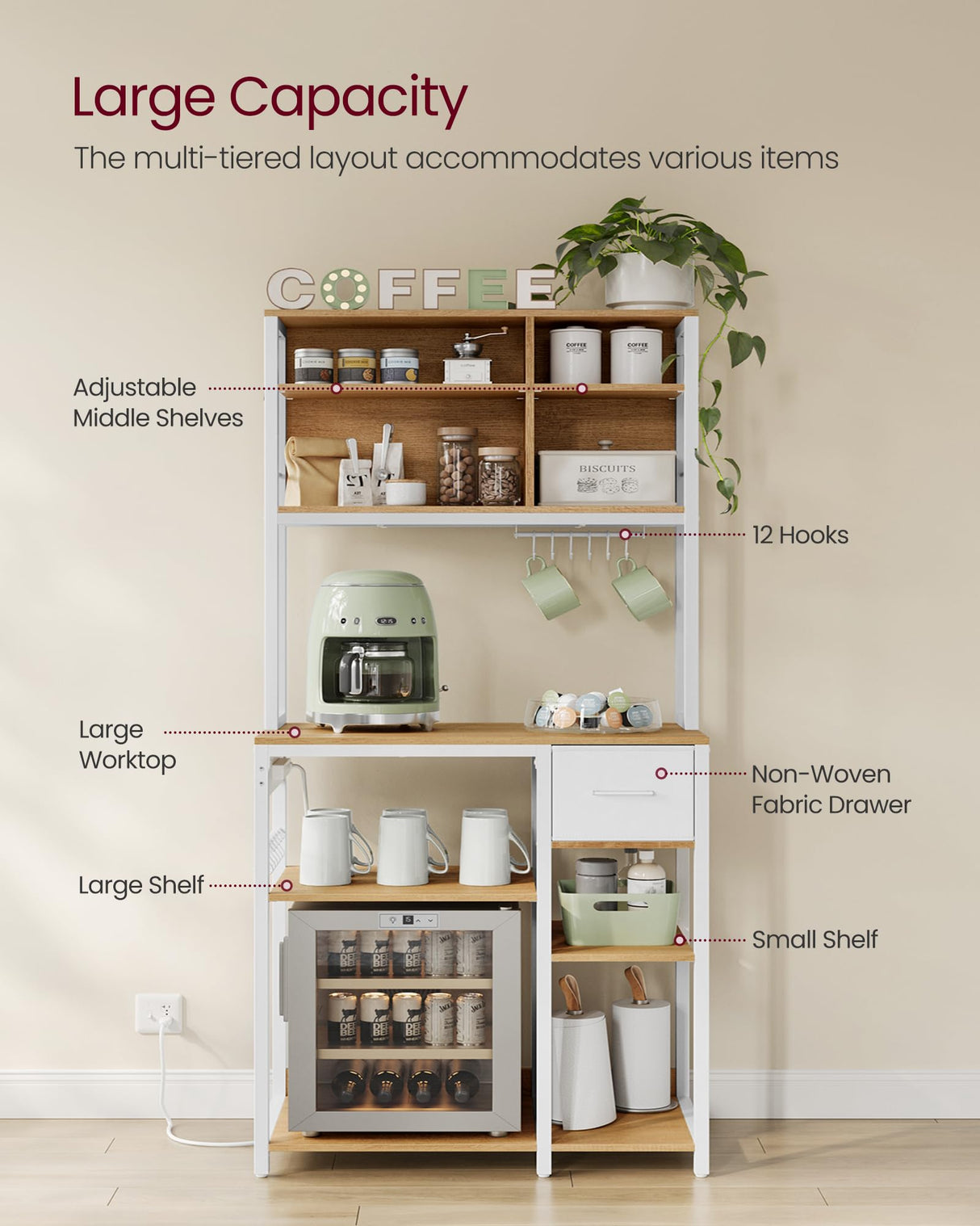 VASAGLE Bakers Rack with Charging Station, Coffee Bar with Adjustable Storage Shelves, Fabric Drawer, 12 Hooks, 15.7 x 31.5 x 71 Inches, Kitchen Microwave Stand, Golden Oak and Cloud White UKKS015Y03 VASAGLE