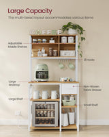 VASAGLE Bakers Rack with Charging Station, Coffee Bar with Adjustable Storage Shelves, Fabric Drawer, 12 Hooks, 15.7 x 31.5 x 71 Inches, Kitchen Microwave Stand, Golden Oak and Cloud White UKKS015Y03 VASAGLE