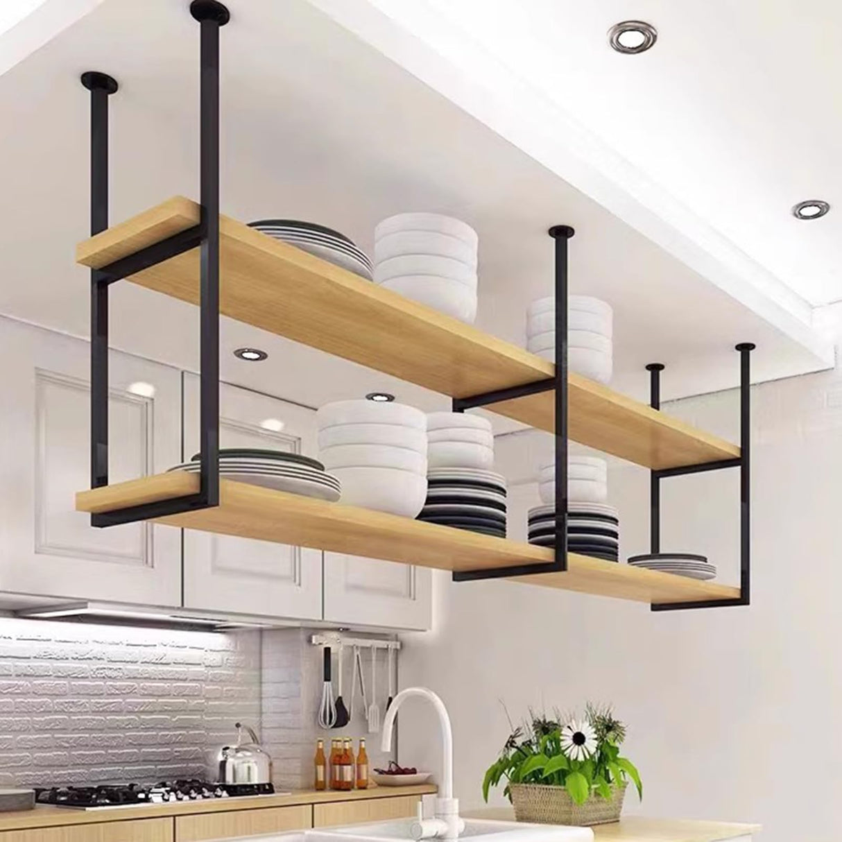 Altovexis 32X12 in Ceiling Shelf Bracket, 2 Two Tier U Shape Hanging Storage Shelves Mounted Decor Bookshelf Flower Plant Stand Display Racks No Planks for Room Bedroom Kitchen Garage Bar Bistro Altovexis