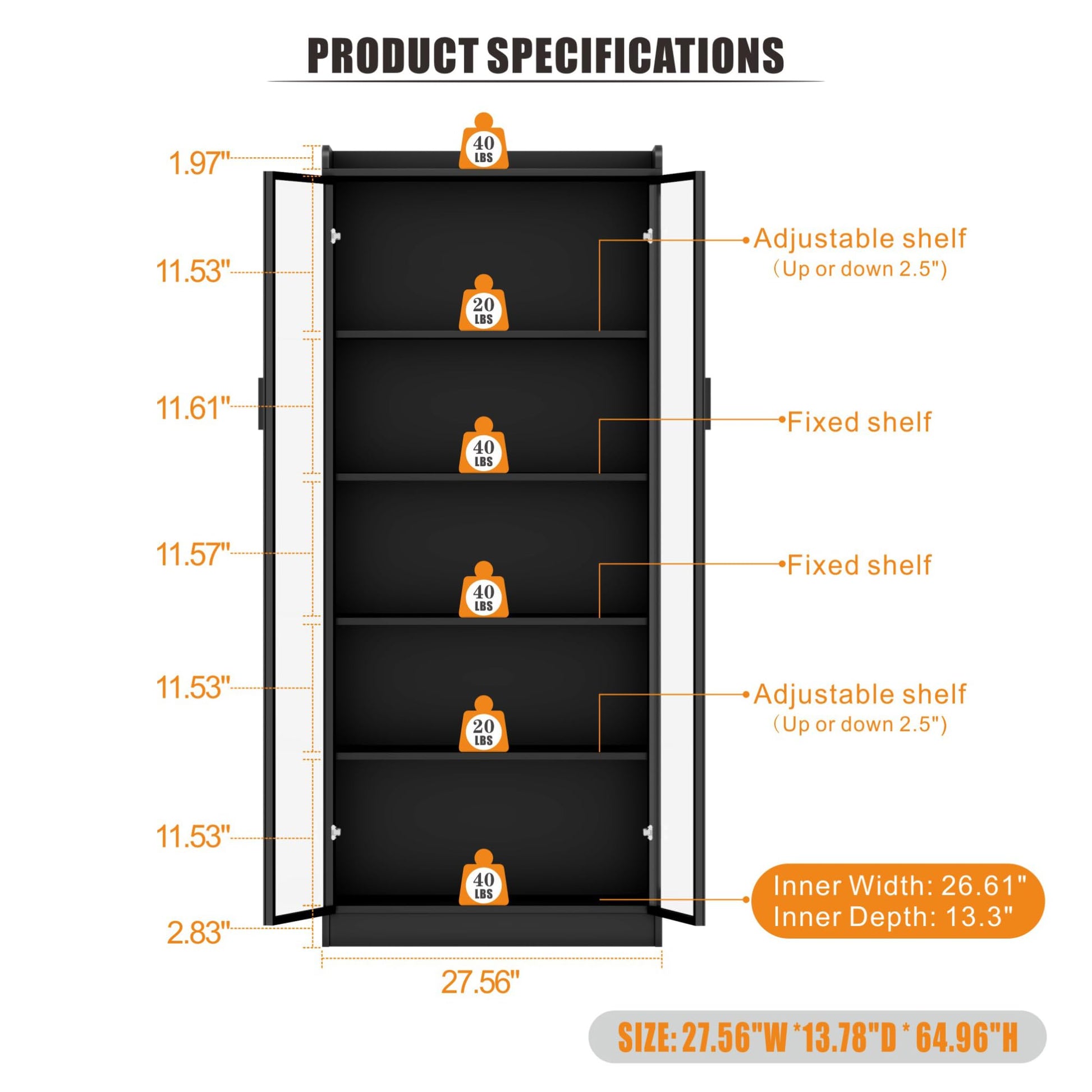 Dystler Display Cabinet with Doors and Adjustable Shelves, 65" Tall Bookcase with Metal Handle/LED Lights/Human Sensor, 5 Tier Display Case for Collectibles Bedroom Living Room Office, Black - WoodArtSupply