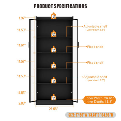 Dystler Display Cabinet with Doors and Adjustable Shelves, 65" Tall Bookcase with Metal Handle/LED Lights/Human Sensor, 5 Tier Display Case for Collectibles Bedroom Living Room Office, Black - WoodArtSupply