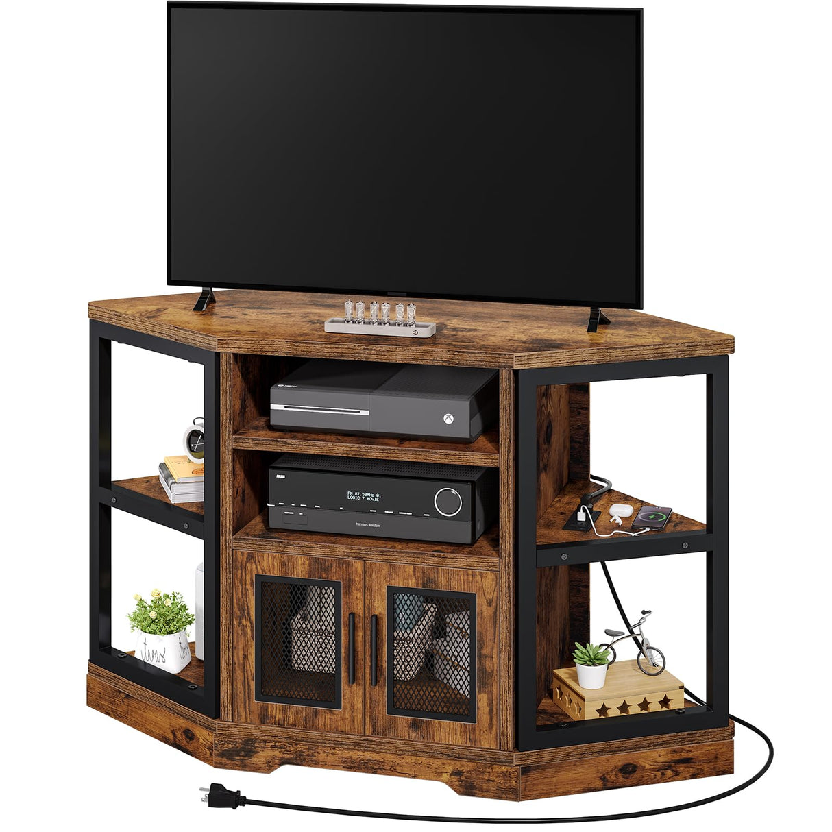 YITAHOME Corner TV Stand for TVs up to 55 Inch with Power Outlet, Modern Farmhouse Entertainment Center, Wood TV Media Console with Storage Cabinets Shelves for Living Room, Retro Brown YITAHOME