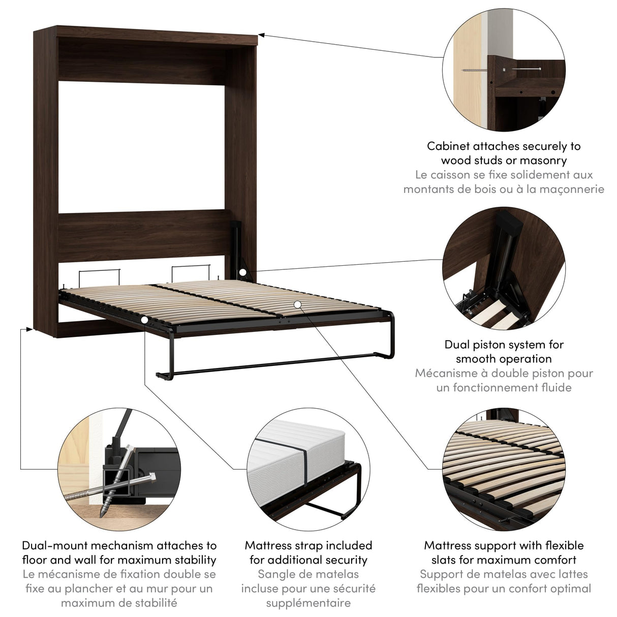 Bestar Pur Queen Size Murphy Bed in Black Walnut, 65-inch Space-Saving Sleeping Arrangement for Multipurpose Area, Bedroom, Guest Room, or Living Room Bestar