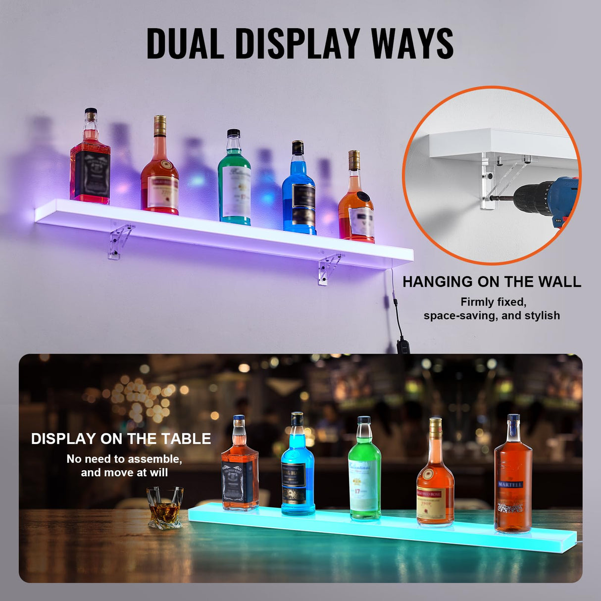 VEVOR LED Lighted Liquor Bottle Display, 1 Tier 40 Inch Wall Mounted Whiskey Rack Stand, 1 Step Commercial Illuminated Home Bar Shelf, Acrylic Drinks Light Shelves with RF Remote & App Control VEVOR