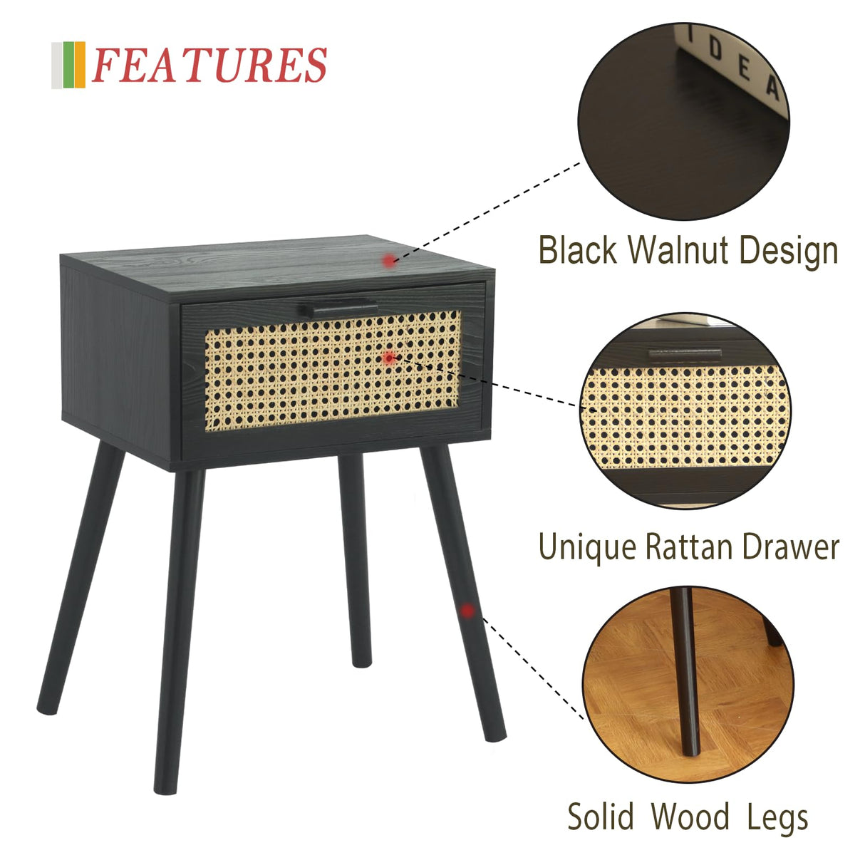 AWASEN Mid Century Modern Nightstand, Rattan Side Table with Drawer, Black Bedside Table with Storage and Solid Wood Legs for Living Room, Bedroom and Small Space (Black) AWASEN