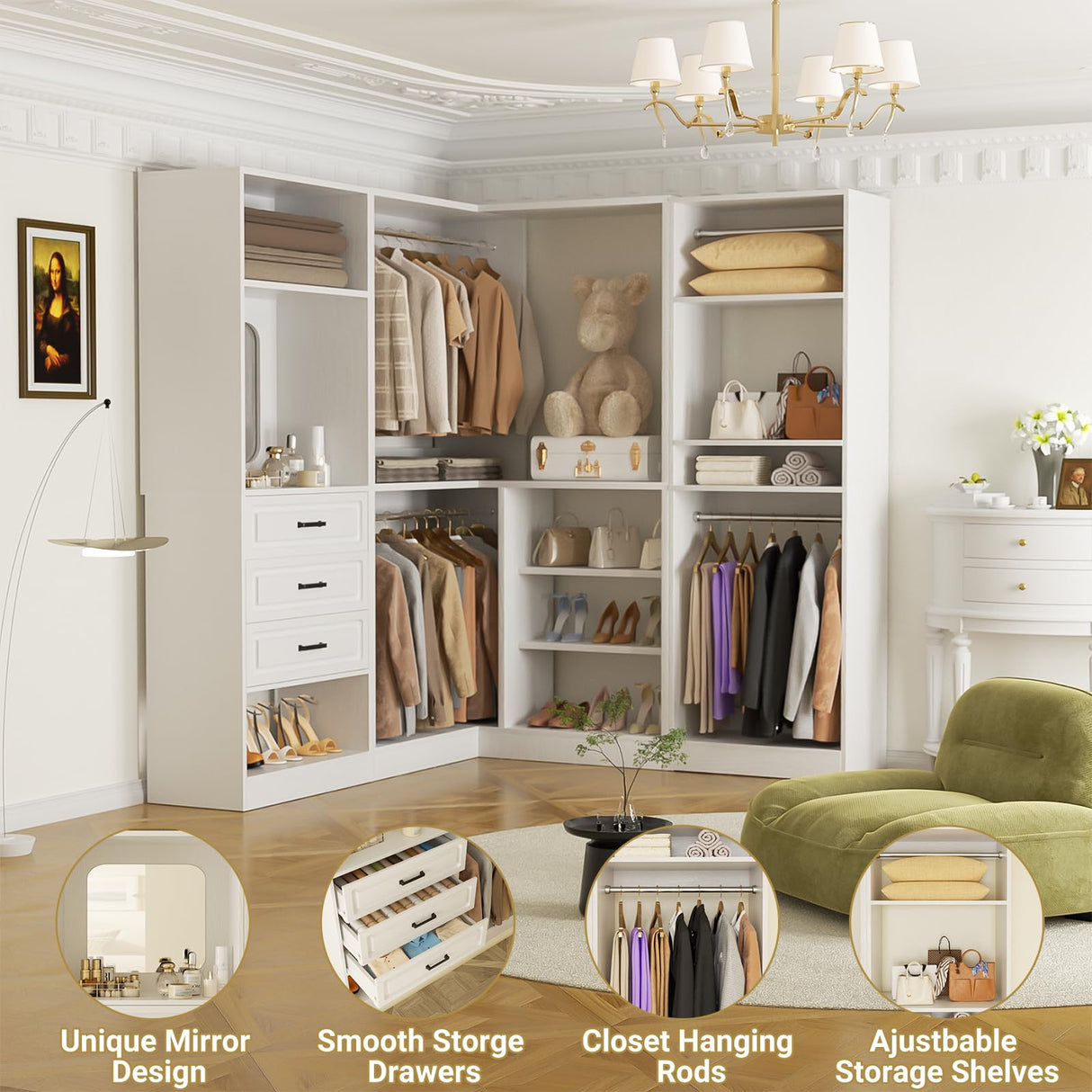 Unikito Closet System with Drawers，86” Modular Corner Closet Organizer System with Mirror，Freestanding Wood Wardrobe Organizer with Hanging Rods & Adjustable Shelves, Walk in Closet Tower, White Unikito