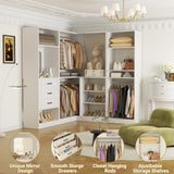 Unikito Closet System with Drawers，86” Modular Corner Closet Organizer System with Mirror，Freestanding Wood Wardrobe Organizer with Hanging Rods & Adjustable Shelves, Walk in Closet Tower, White Unikito