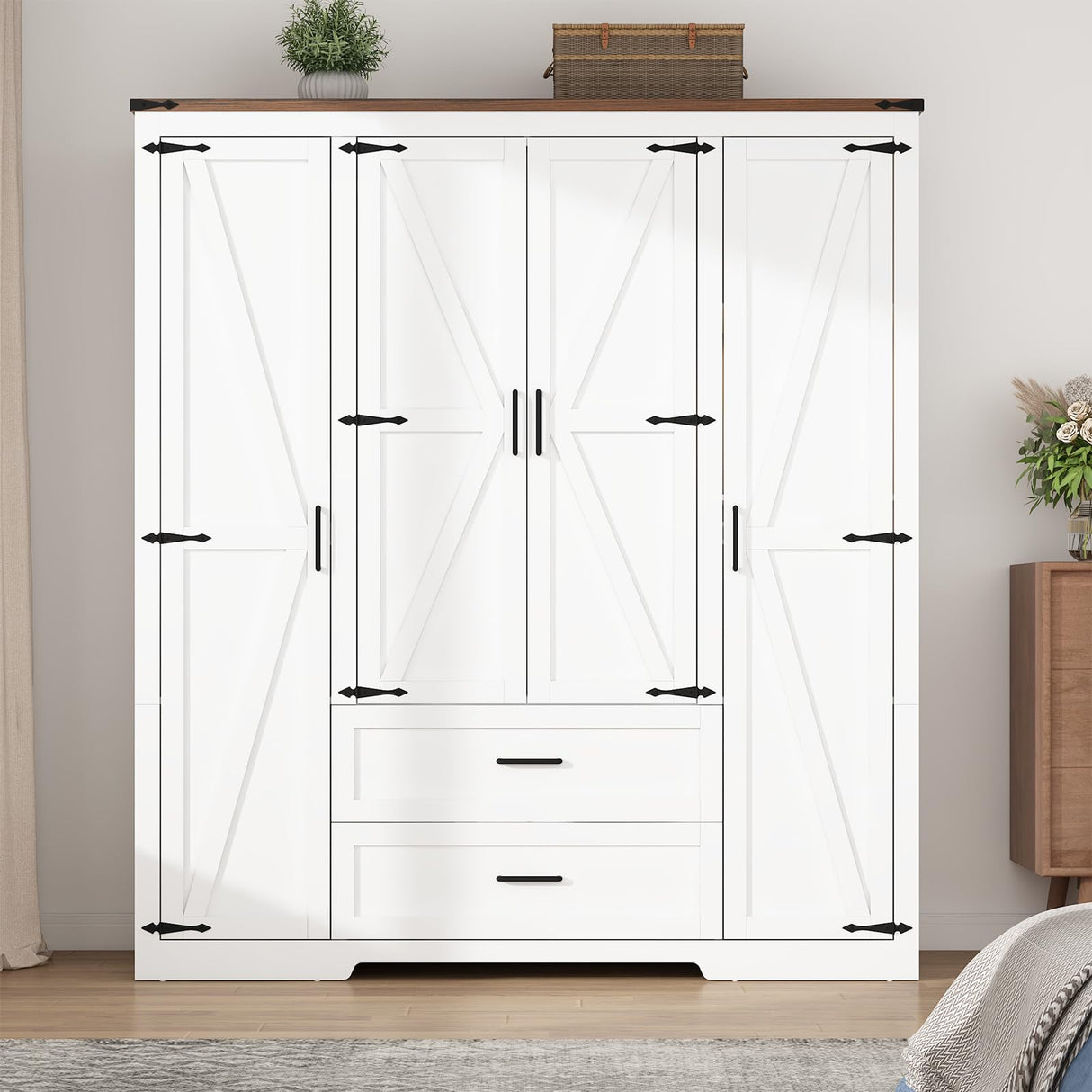 Hlivelood 4 Doors Wardrobe Armoire Closet with Doors and Drawers, Farmhouse Wooden Armoire Storage Cabinet with Shelves & Hanging Rod for Bedroom, White Hlivelood