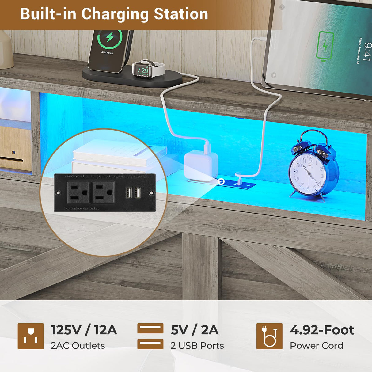 Hasuit Queen Size Bed Frame with Storage Ottoman, Farmhouse Bed Frame with Charging Station and Led Light, Headboard with Storage Rack, Metal Slats, No Noise Design, No Box Spring Needed,Oak Grey Hasuit
