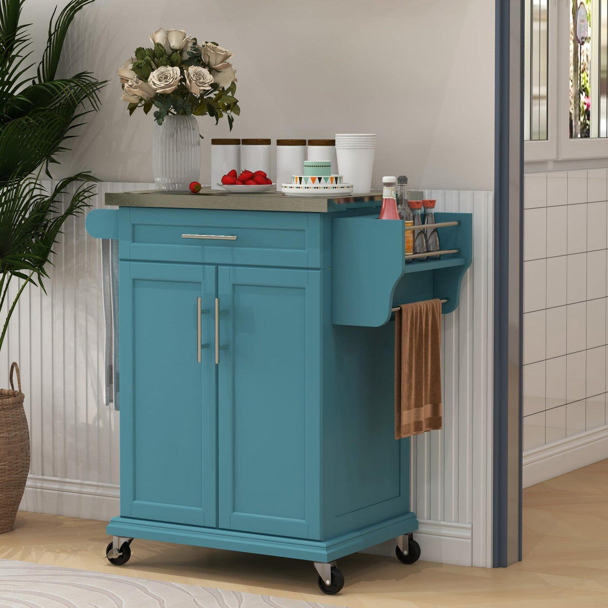 HOMCOM Kitchen Island on Wheels, Rolling Kitchen Cart with Stainless Steel Countertop, Drawer, Towel Rack and Spice Rack, Utility Storage Trolley, Blue HOMCOM