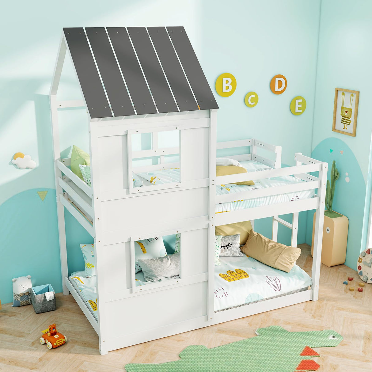 Giantex House Bunk Bed Twin Over Twin, Solid Wood Floor Bunk Bed with Built in Ladder, Window & Safety Guardrail, Wooden Kids Low Bunk Beds for Teens Boys & Girls, No Box Spring Needed, White Giantex