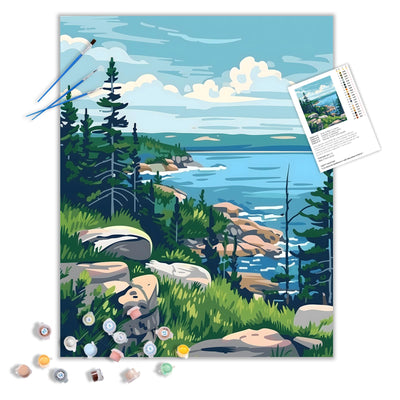 ARNLRDYA Acadia National Park Paint by Numbers for Beginner, Ocean Coastal Paint by Number Kits, Forest Mountain Scenery Acrylic Painting for Gift Home Wall Decor(16×20inches, Unframe)