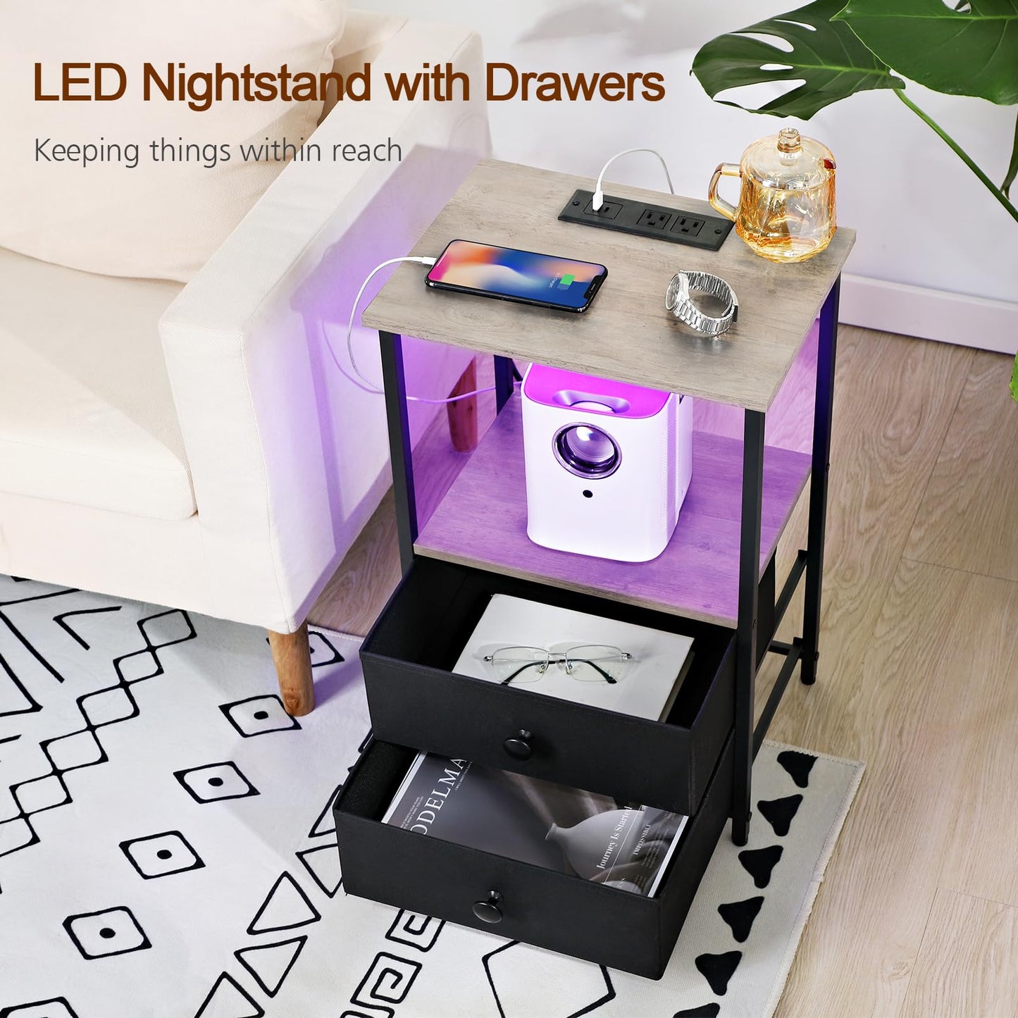 LOAKEKEL Night Stand Set 2, LED Nightstand with Charging Station, End Tables with Storage Shelf for Small Spaces, Bedside Table Side Tables with 2 Fabric Drawers for Bedroom, Greige, HETS02GY - WoodArtSupply