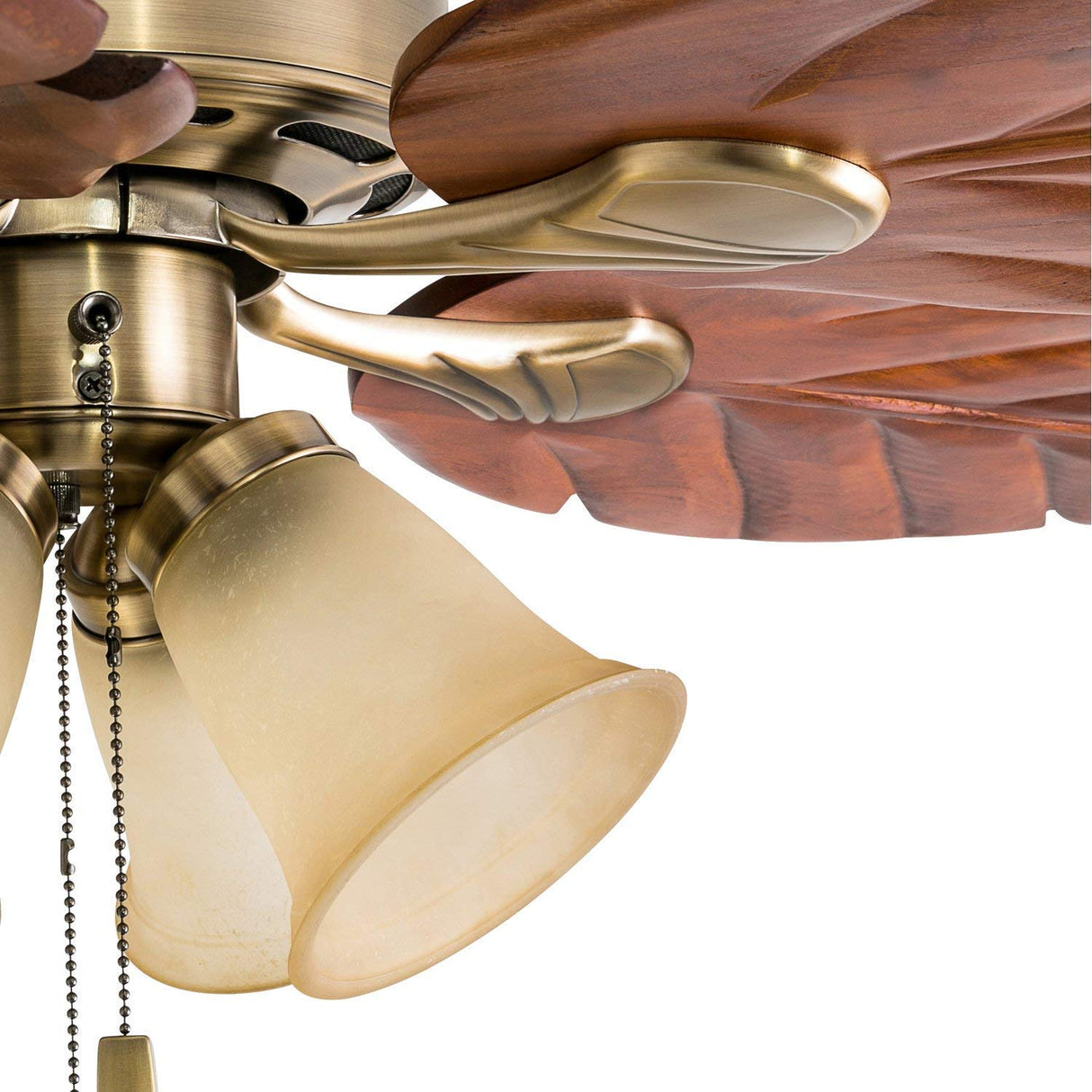 Honeywell Ceiling Fans Royal Palm, 52 Inch Tropical LED Ceiling Fan with Light, Pull Chain, Three Mounting Options, Hand Carved Solid Wood Blades - Model 50504-01 (Aged Brass) Honeywell Ceiling Fans